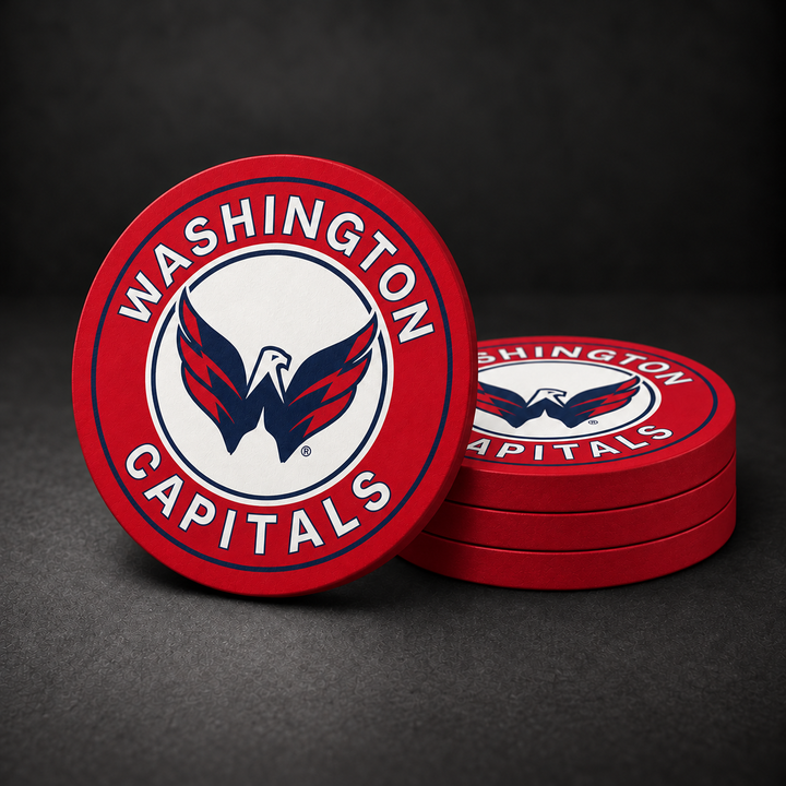 Washington Capitals Drink Coasters with red edges and sides, three stacked and one standing on a charcoal background