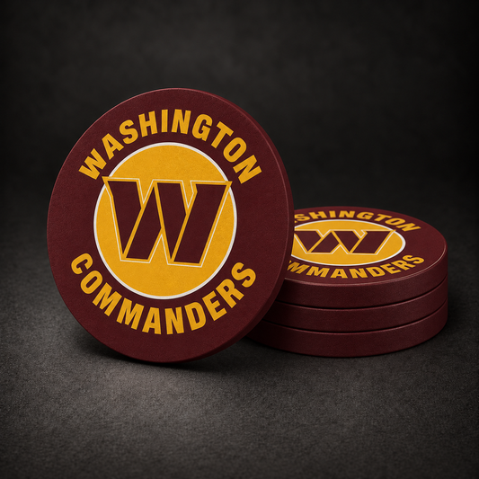Washington Commanders Drink Coasters with burgundy sides, three stacked and one standing on a dark charcoal background