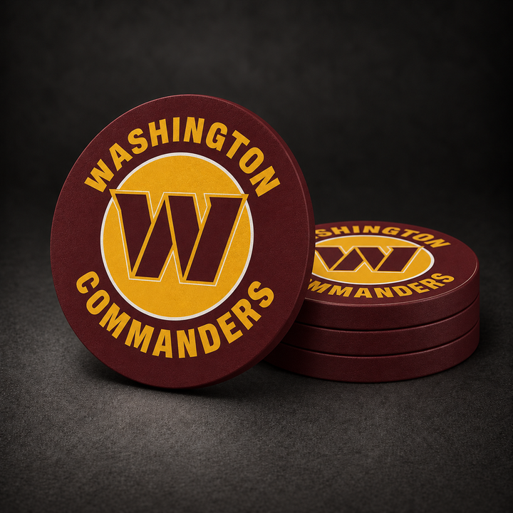 Washington Commanders Drink Coasters with burgundy sides, three stacked and one standing on a dark charcoal background