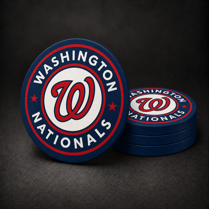 Washington Nationals Drink Coasters with navy blue sides, three stacked and one standing on a dark charcoal background
