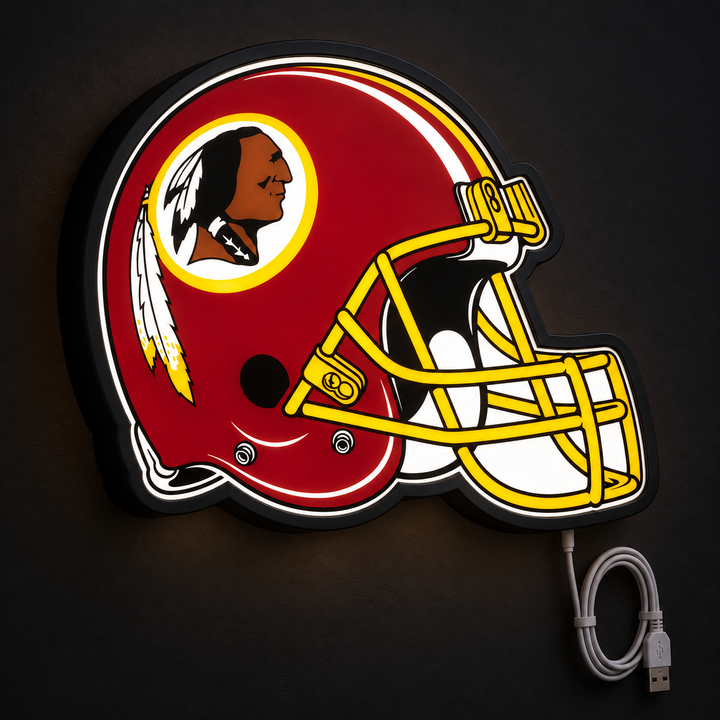 Washington Redskins Helmet LED Sign illuminated at night