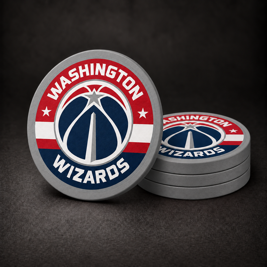 Washington Wizards Drink Coasters with grey edges and sides, three stacked and one standing on a dark charcoal background