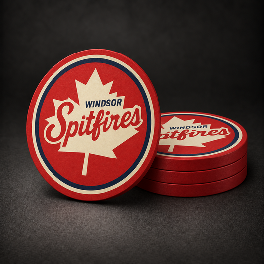 Windsor Spitfires Drink Coasters with red sides, three stacked and one standing on a dark charcoal background