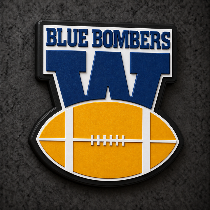 Winnipeg Blue Bombers 3D Plaque with raised layered artwork on a dark charcoal wall