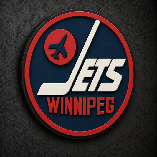 Winnipeg Jets Retro 3D Plaque with raised layered artwork on a dark charcoal wall